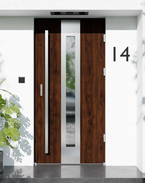 Drzwi zewnętrzne do domu z pochwytem i ościeżnicą drewnianą Libre 05 w systemie Wood extra