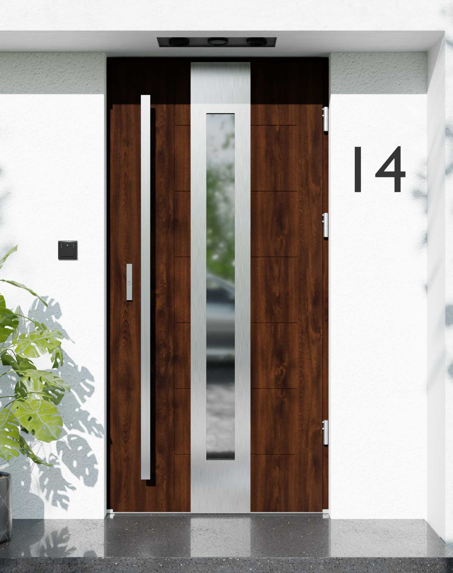 Drzwi zewnętrzne do domu z pochwytem i ościeżnicą drewnianą Libre 05 w systemie Wood extra