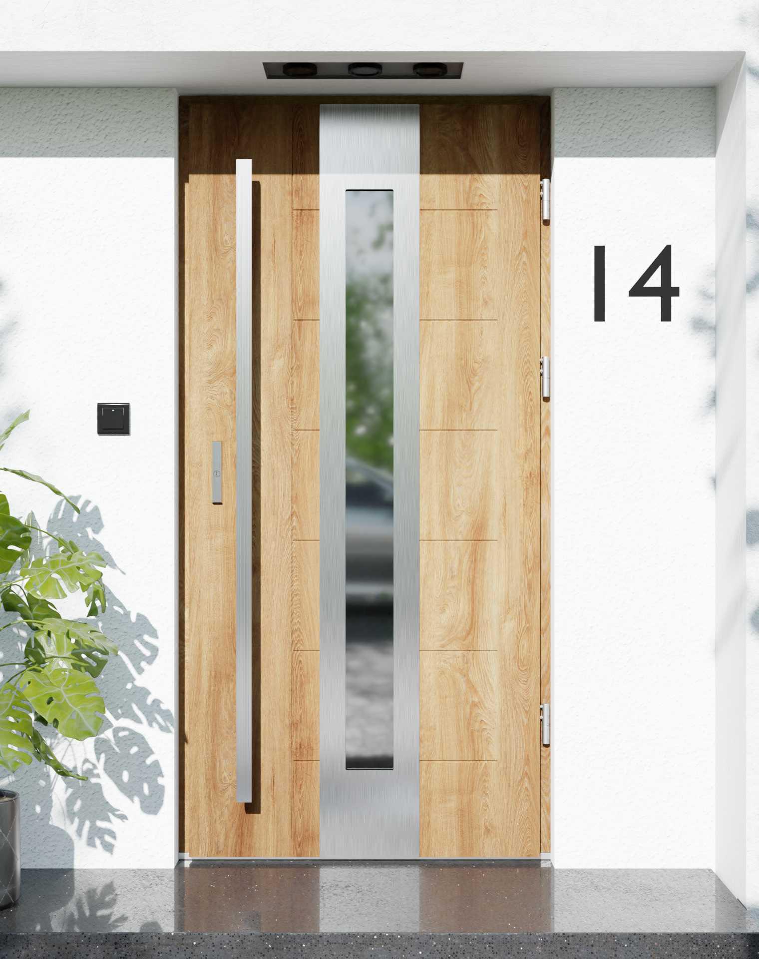 Drzwi zewnętrzne do domu z pochwytem i ościeżnicą drewnianą Libre 05 w systemie Wood extra