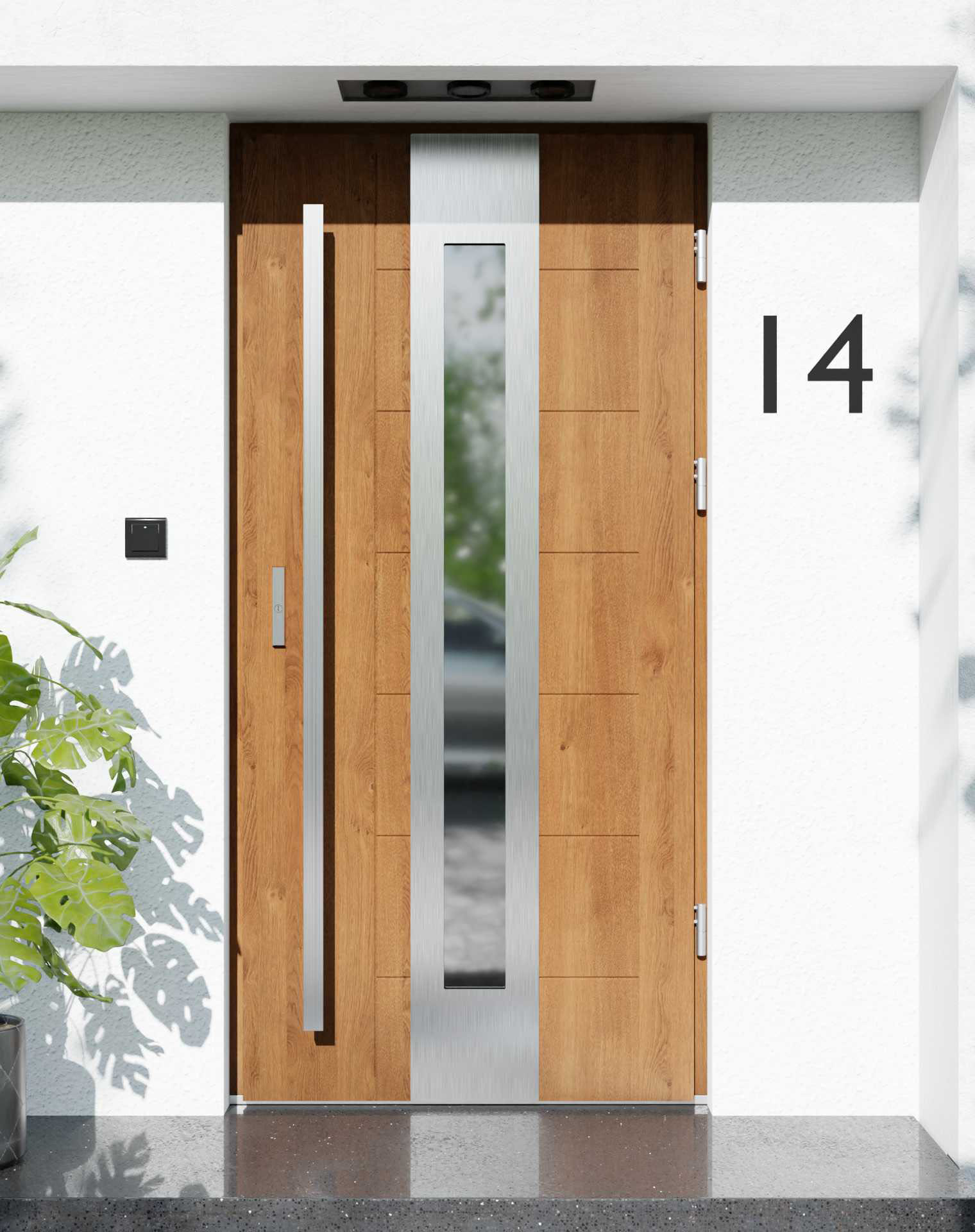 Drzwi zewnętrzne do domu z pochwytem i ościeżnicą drewnianą Libre 05 w systemie Wood extra