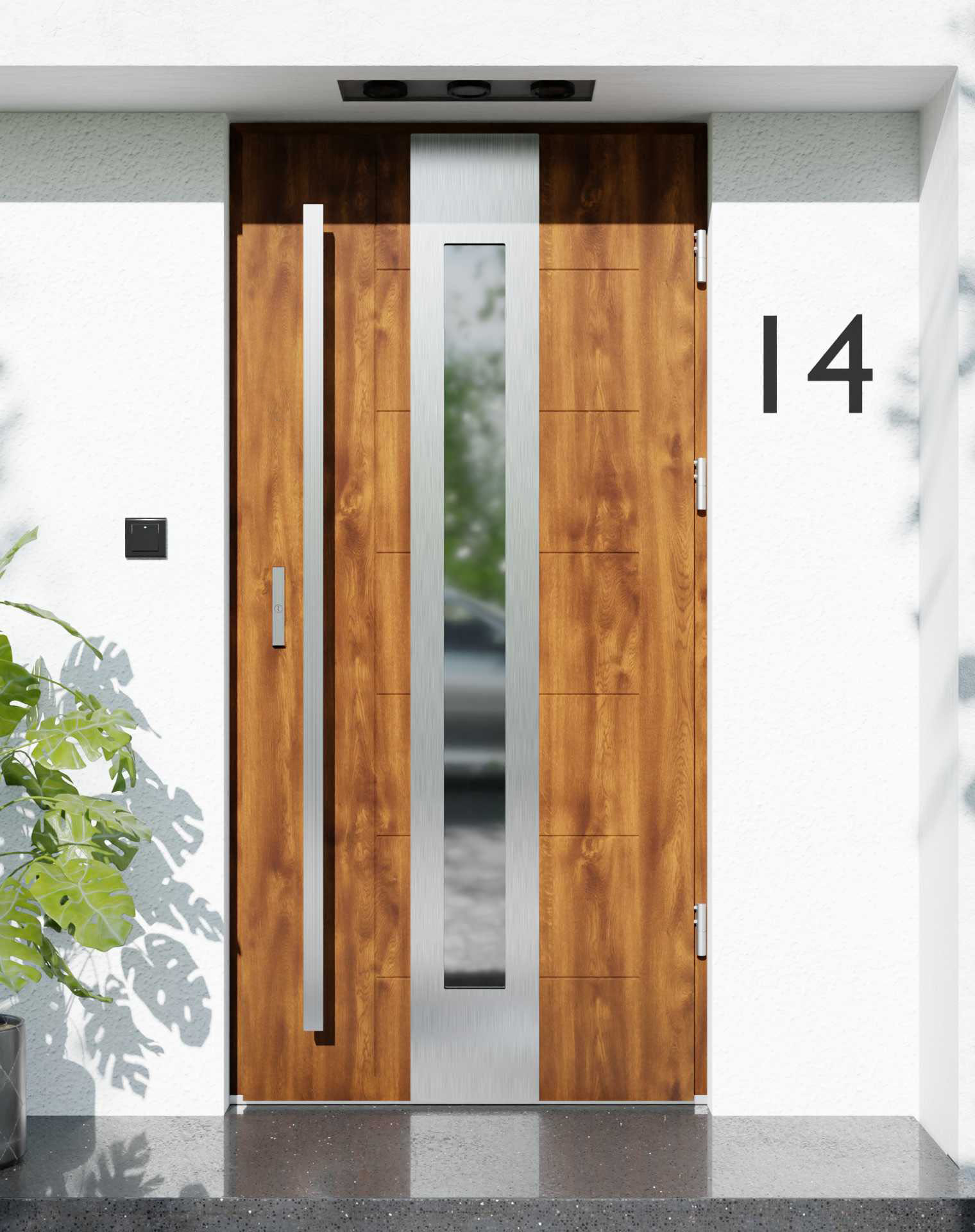 Drzwi zewnętrzne do domu z pochwytem i ościeżnicą drewnianą Libre 05 w systemie Wood extra