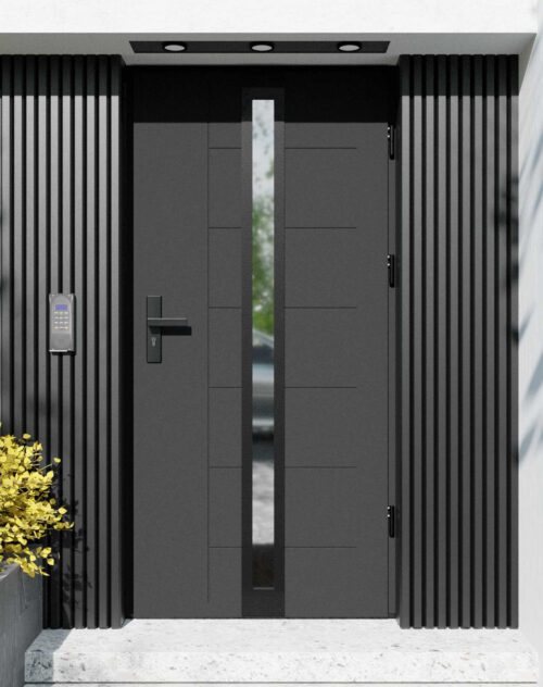 Drzwi zewnętrzne do domu z ościeżnicą drewnianą Libre 32 Noir Matt w systemie Wood extra