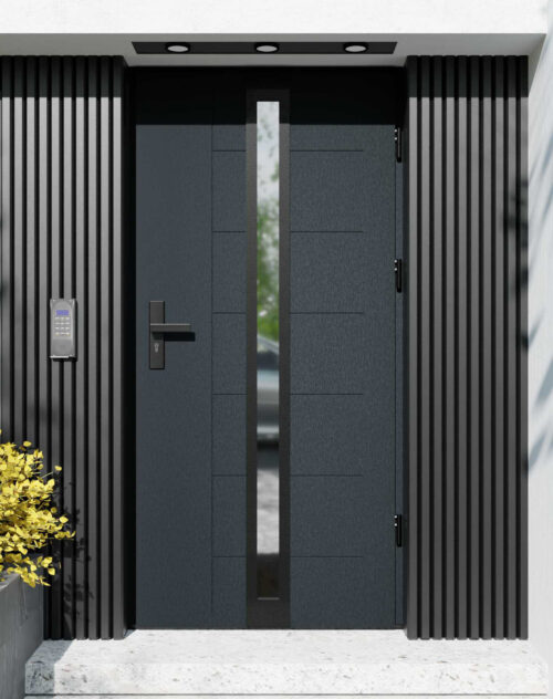 Drzwi zewnętrzne do domu z ościeżnicą drewnianą Libre 32 Noir Matt w systemie Wood extra