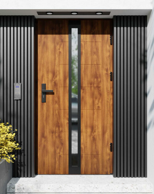 Drzwi zewnętrzne do domu z ościeżnicą drewnianą Libre 32 Noir Matt w systemie Wood extra