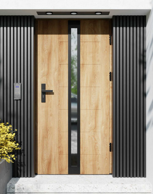 Drzwi zewnętrzne do domu z ościeżnicą drewnianą Libre 32 Noir Matt w systemie Wood extra