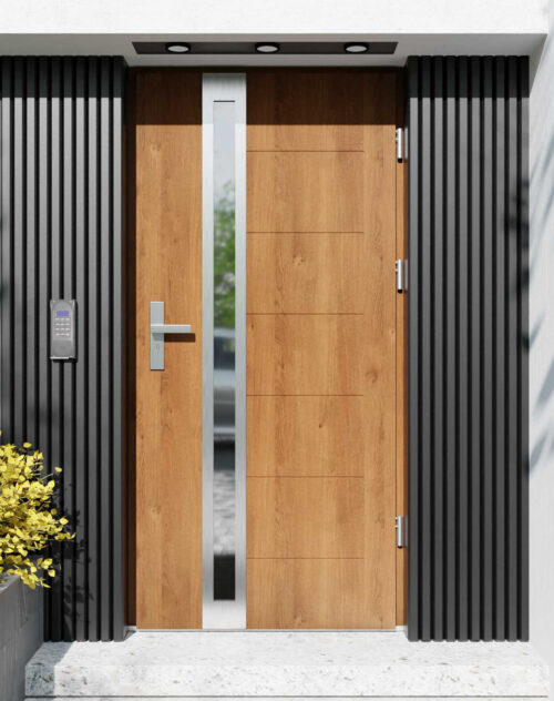 Drzwi zewnętrzne do domu z ościeżnicą drewnianą Libre 32B w systemie Wood extra