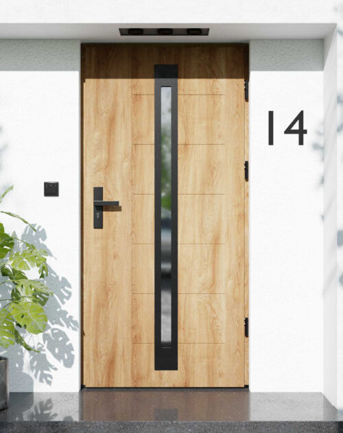 Drzwi zewnętrzne do domu z ościeżnicą drewnianą Libre 34 Noir Matt w systemie Wood extra