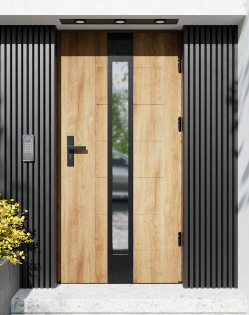 Drzwi zewnętrzne do domu z ościeżnicą drewnianą Libre 35 Noir Matt w systemie Wood extra
