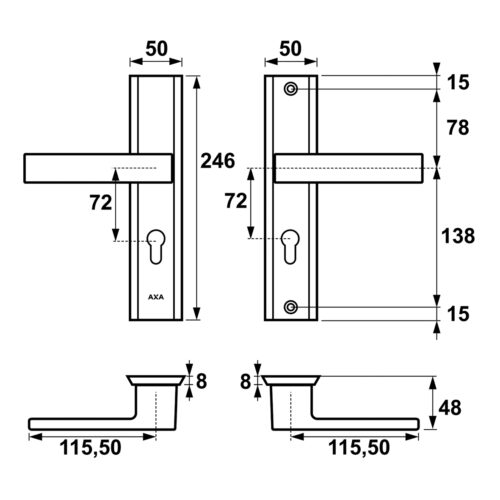 Komplet okuć Haga kolor inox F6 (klamka AXA + szyld górny rozeta AXA) + wkładki w systemie jednego klucza 40/50 kolor nikiel, rozstaw klamki 72mm