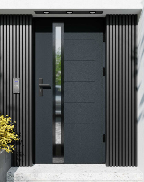 Drzwi zewnętrzne do domu z ościeżnicą drewnianą Libre 32B Noir w systemie Wood extra