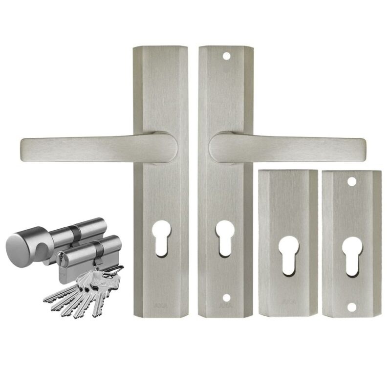 Komplet okuć antywłamaniowych do drzwi wewnątrzklatkowych Trust kolor inox F6 (klamka AXA + szyld górny rozeta AXA) + wkładki WILKA klasa B w systemie jednego klucza 26/50 kolor nikiel, rozstaw klamki 92mm