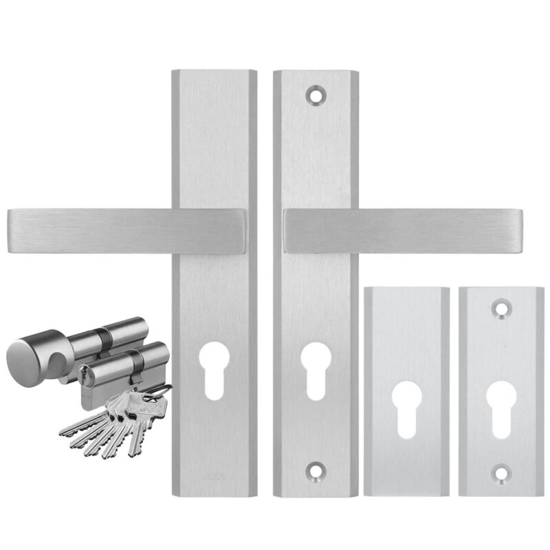 Komplet okuć Haga Premium do drzwi wewnątrzklatkowych kolor inox F6 (klamka AXA + szyld górny rozeta AXA) + wkładki WILKA klasa B w systemie jednego klucza 26/45 kolor nikiel, rozstaw klamki 72mm