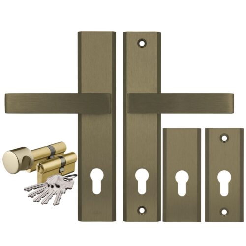 Komplet okuć Haga Premium do drzwi wewnątrzklatkowych kolor stare złoto F4 (klamka AXA + szyld górny rozeta AXA) + wkładki WILKA klasa B w systemie jednego klucza 26/45 kolor mosiądz, rozstaw klamki 92mm