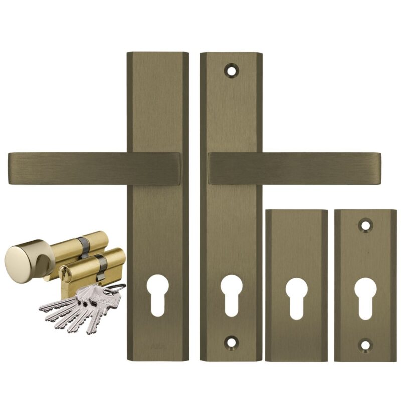 Komplet okuć Haga Premium do drzwi wewnątrzklatkowych kolor stare złoto F4 (klamka AXA + szyld górny rozeta AXA) + wkładki WILKA klasa B w systemie jednego klucza 26/45 kolor mosiądz, rozstaw klamki 92mm