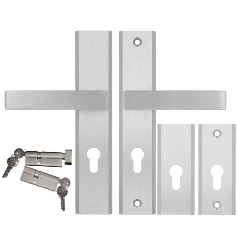 Komplet okuć Logo kolor srebrny (klamka Alubrass + szyld górny rozeta Alubrass) + wkładki w systemie jednego klucza 40/50 kolor nikiel, rozstaw klamki 72mm