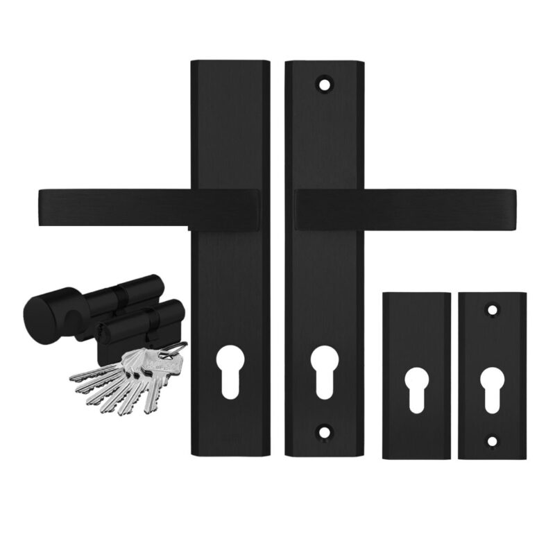 Komplet okuć Haga Premium do drzwi wewnątrzklatkowych kolor czarny F8 (klamka AXA + szyld górny rozeta AXA) + wkładki WILKA klasa B w systemie jednego klucza 26/45 kolor czarny, rozstaw klamki 92mm