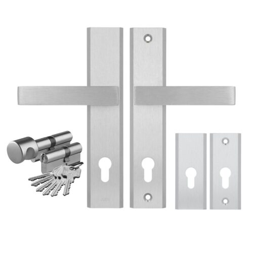 Komplet okuć Haga Premium do drzwi wewnątrzklatkowych kolor inox F6 (klamka AXA + szyld górny rozeta AXA) + wkładki WILKA klasa B w systemie jednego klucza 26/45 kolor nikiel, rozstaw klamki 92mm