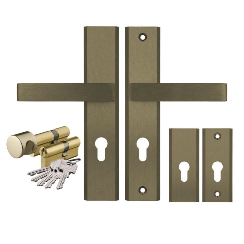 Komplet okuć Haga Premium do drzwi wewnątrzklatkowych kolor stare złoto F4 (klamka AXA + szyld górny rozeta AXA) + wkładki WILKA klasa B w systemie jednego klucza 26/45 kolor mosiądz, rozstaw klamki 72mm