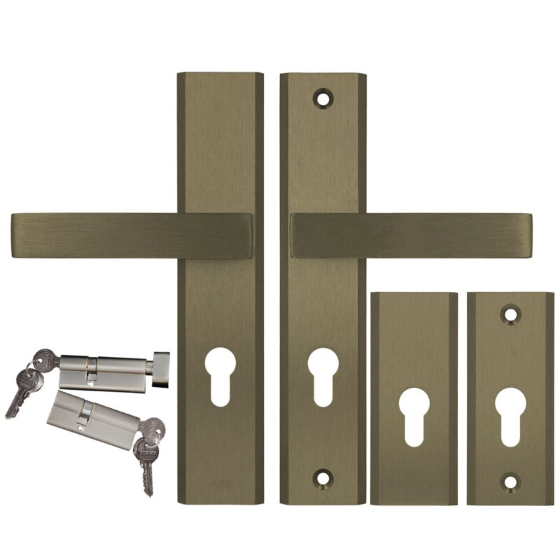 Komplet okuć Haga do drzwi wewnątrzklatkowych kolor stare złoto F4 (klamka AXA + szyld górny rozeta AXA) + wkładki w systemie jednego klucza 26/45 kolor nikiel, rozstaw klamki 92mm