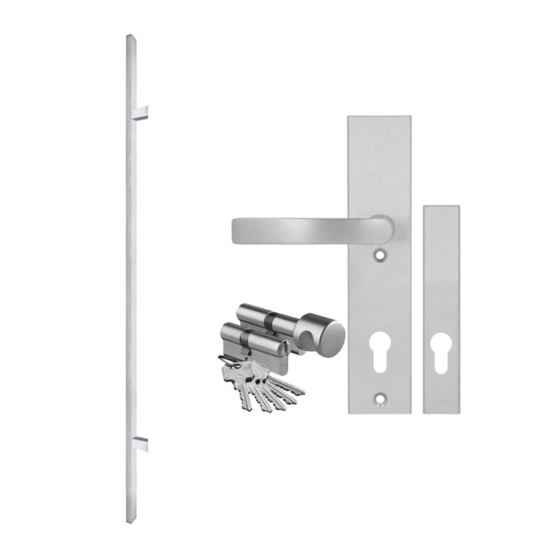 Komplet okuć z pochwytem Profile kolor inox F6 (pochwyt AXA + klamka Solo Gaja AXA) + wkładka WILKA klasa B 40/50 kolor nikiel, rozstaw klamki 92 mm