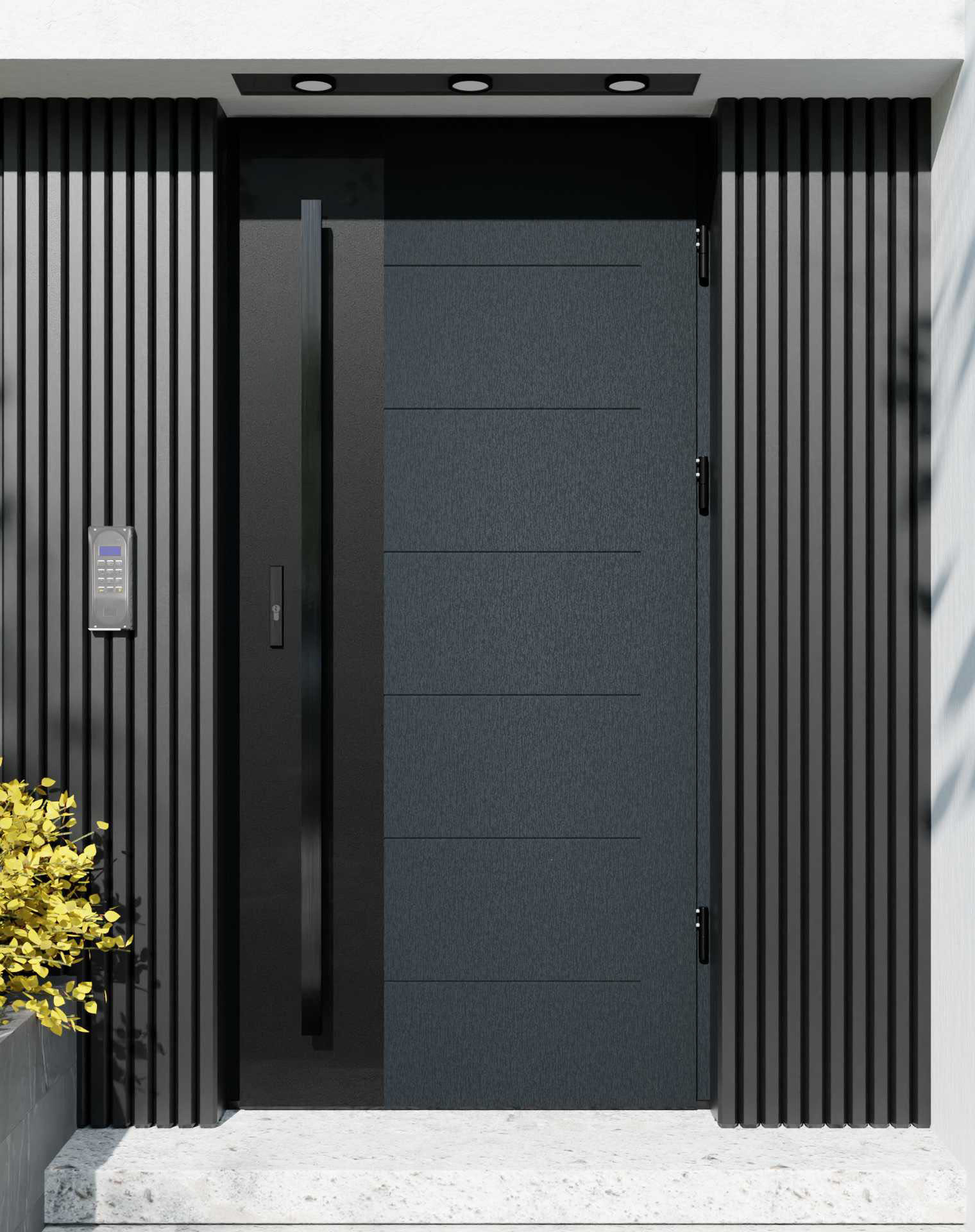 Drzwi zewnętrzne do domu z pochwytem i ościeżnicą drewnianą Libre 02 Noir Matt w systemie Wood extra