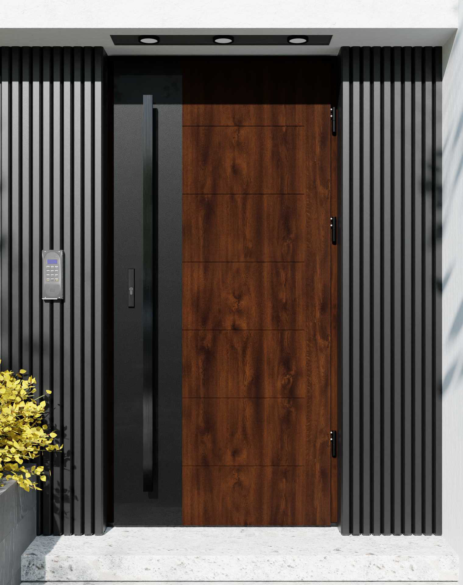 Drzwi zewnętrzne do domu z pochwytem i ościeżnicą drewnianą Libre 02 Noir Matt w systemie Wood extra