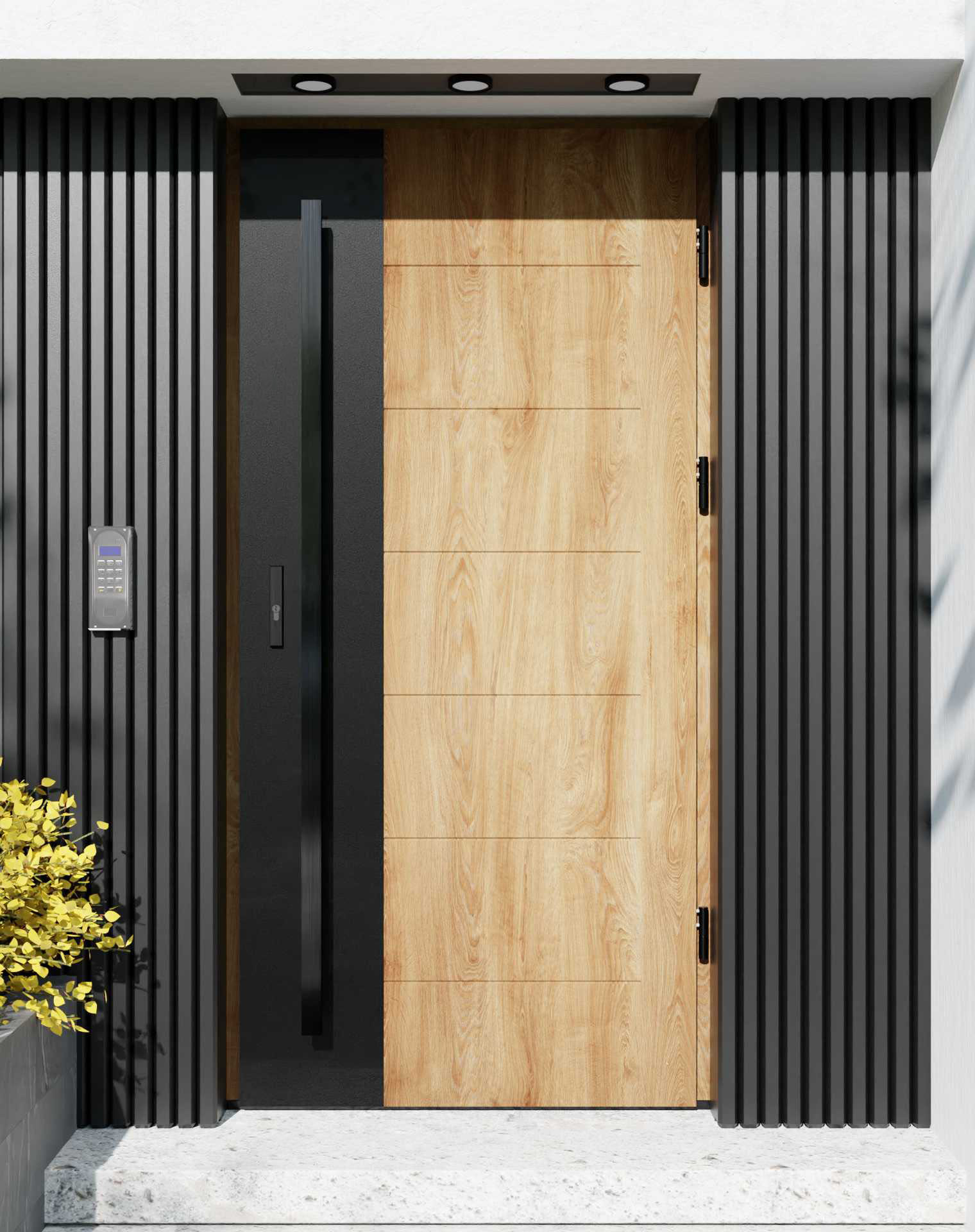 Drzwi zewnętrzne do domu z pochwytem i ościeżnicą drewnianą Libre 02 Noir Matt w systemie Wood extra