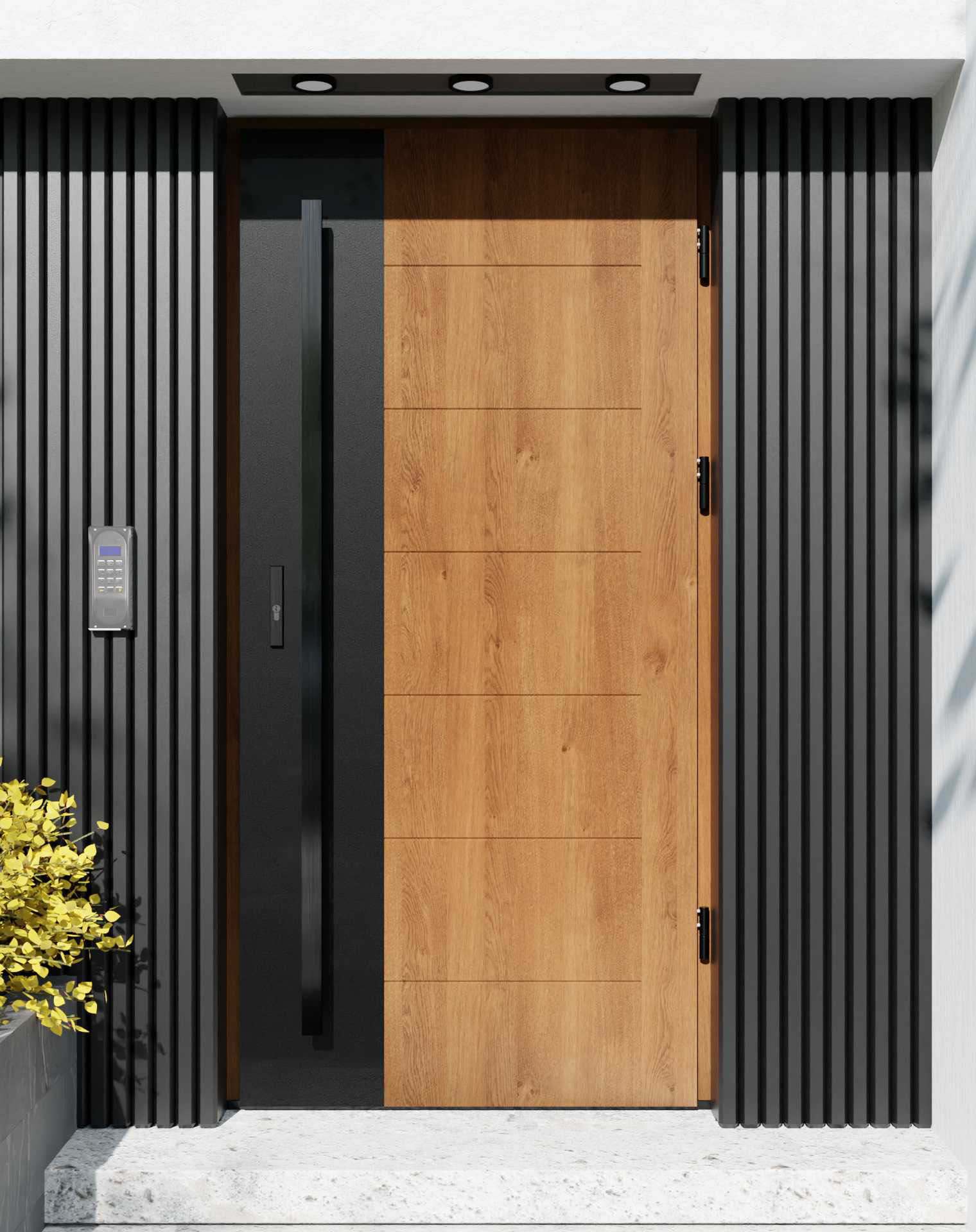 Drzwi zewnętrzne do domu z pochwytem i ościeżnicą drewnianą Libre 02 Noir Matt w systemie Wood extra