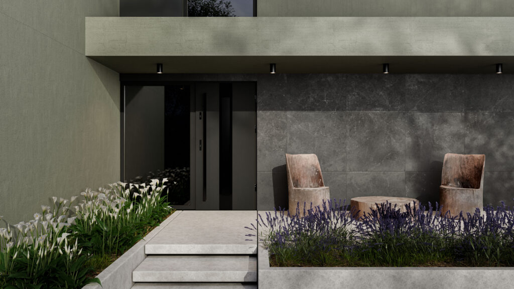 Czarne drzwi i oliwkowa elewacja