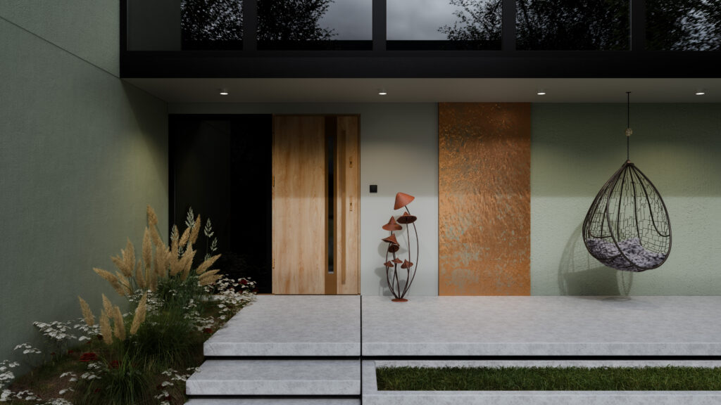 Dębowe drzwi i oliwkowa elewacja