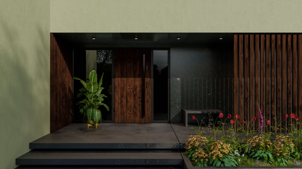 Orzechowe drzwi i oliwkowa elewacja