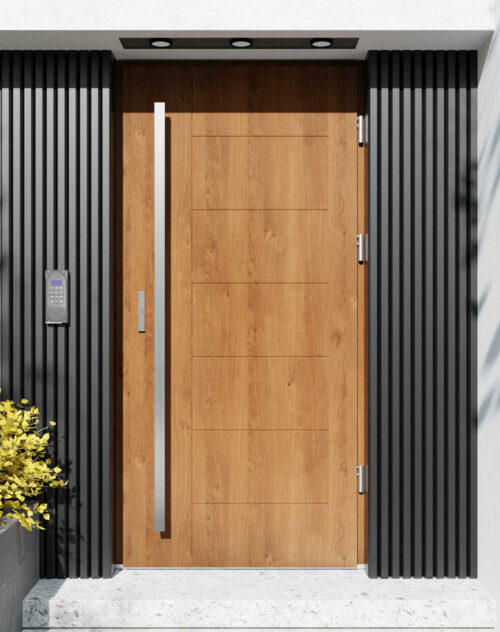 Drzwi zewnętrzne do domu z pochwytem i ościeżnicą drewnianą Libre 01 w systemie Wood extra