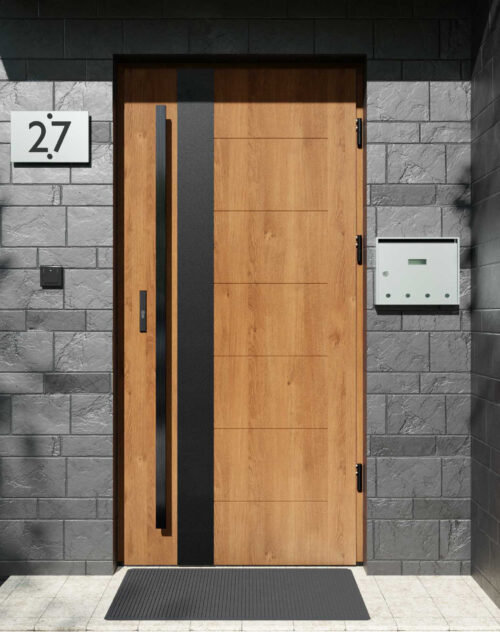 Drzwi zewnętrzne do domu z pochwytem i ościeżnicą drewnianą Libre 03B Noir Matt w systemie Wood extra