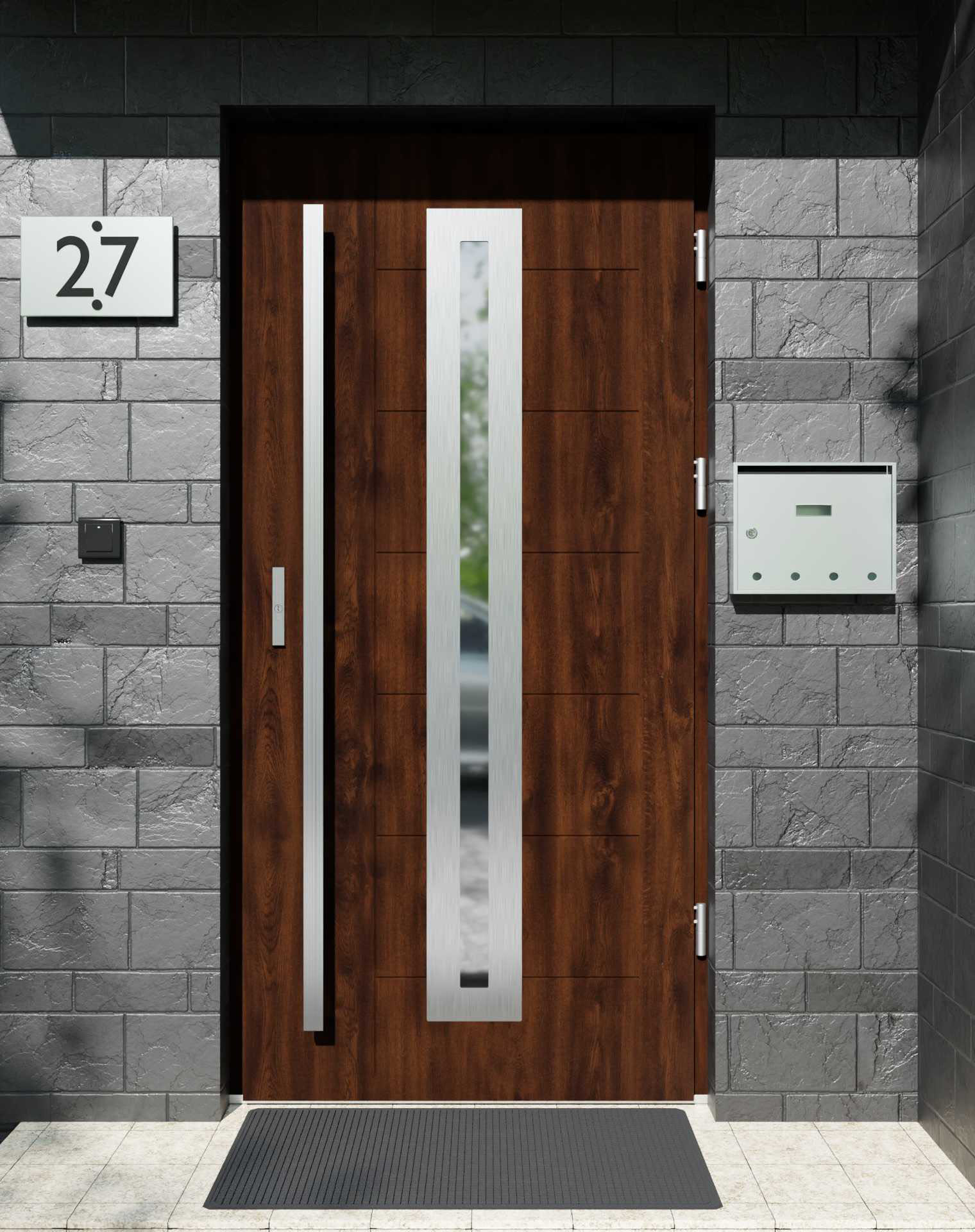 Drzwi zewnętrzne do domu z pochwytem i ościeżnicą drewnianą Libre 04 w systemie Wood extra