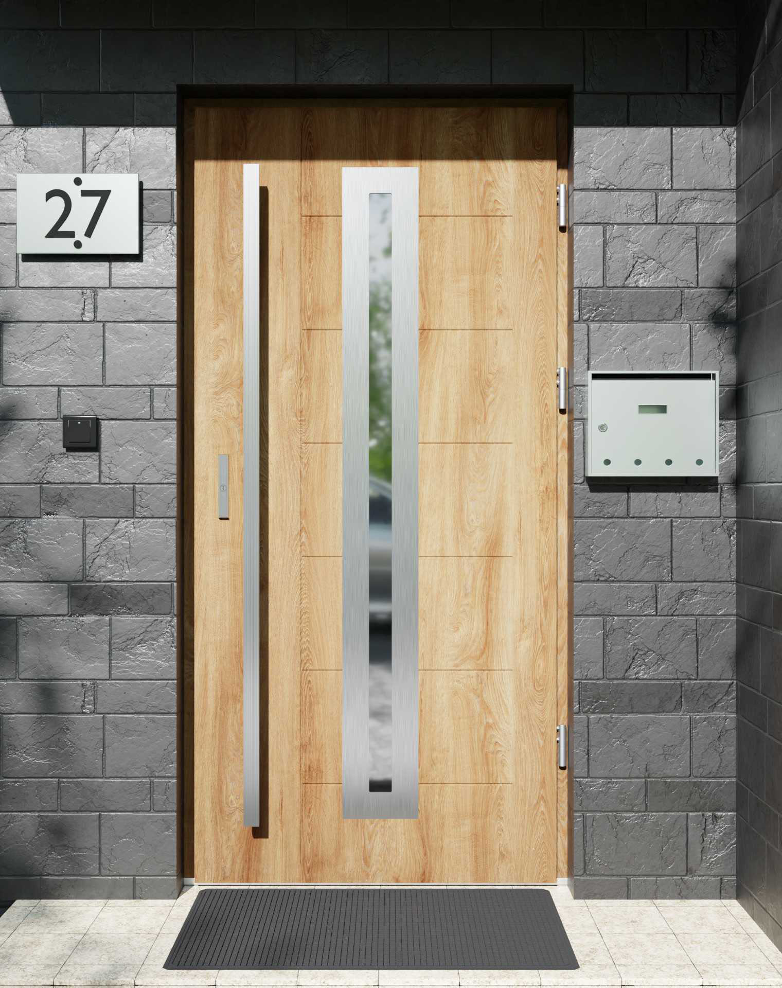 Drzwi zewnętrzne do domu z pochwytem i ościeżnicą drewnianą Libre 04 w systemie Wood extra