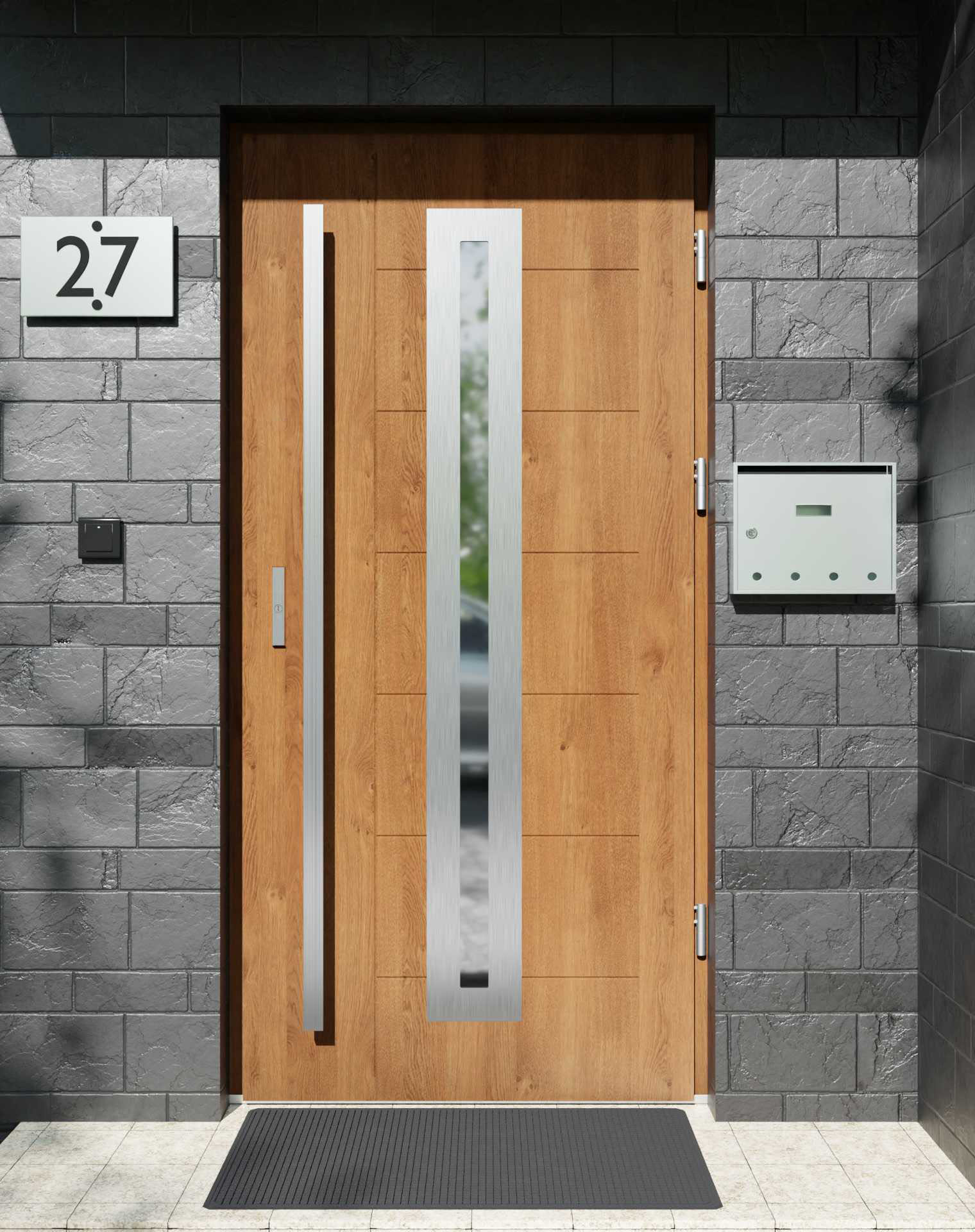 Drzwi zewnętrzne do domu z pochwytem i ościeżnicą drewnianą Libre 04 w systemie Wood extra