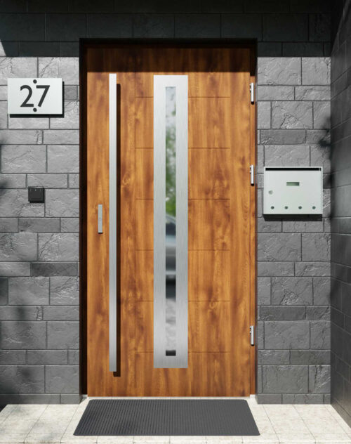 Drzwi zewnętrzne do domu z pochwytem i ościeżnicą aluminiową Libre 04 w systemie Alu extra