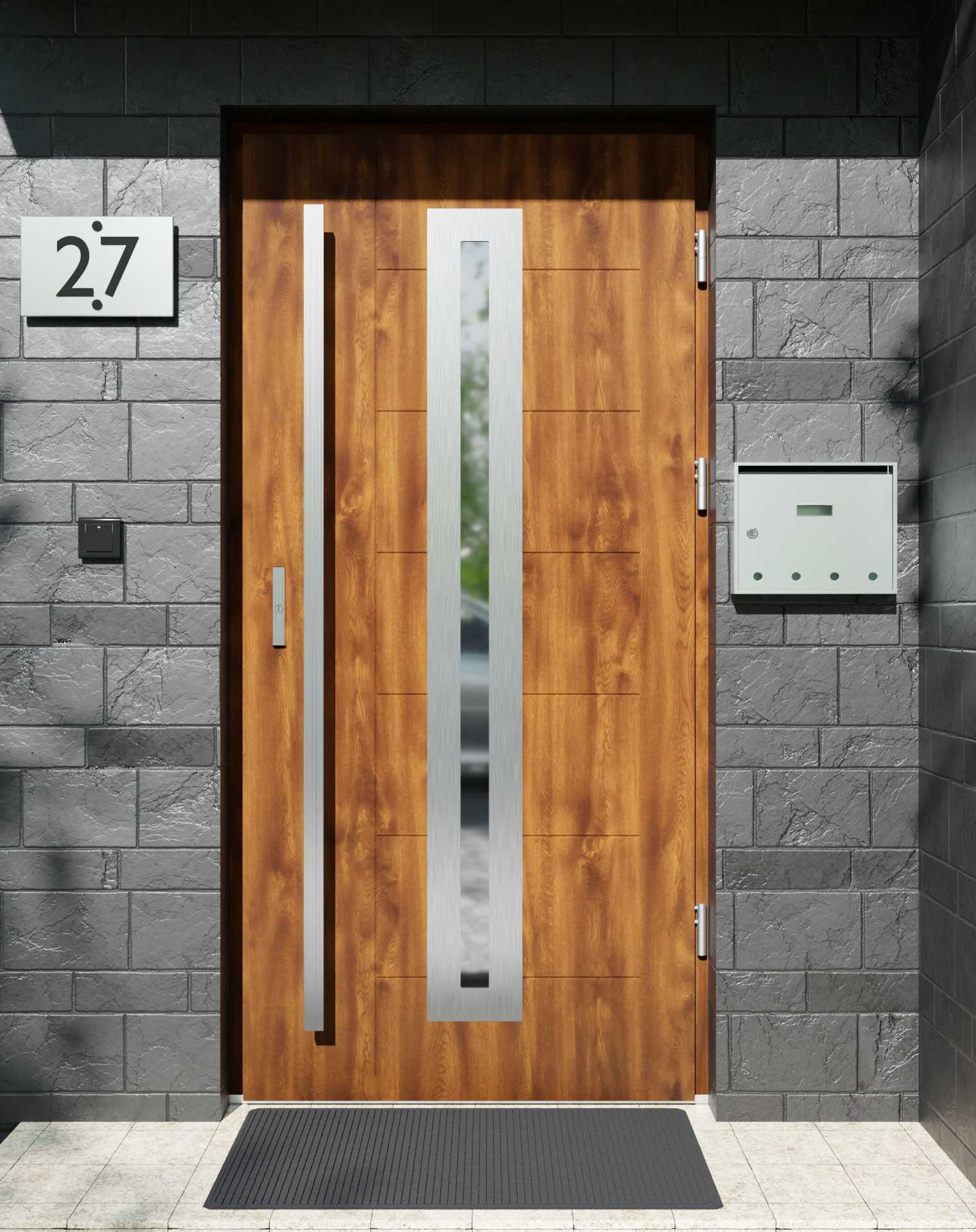 Drzwi zewnętrzne do domu z pochwytem i ościeżnicą drewnianą Libre 04 w systemie Wood extra