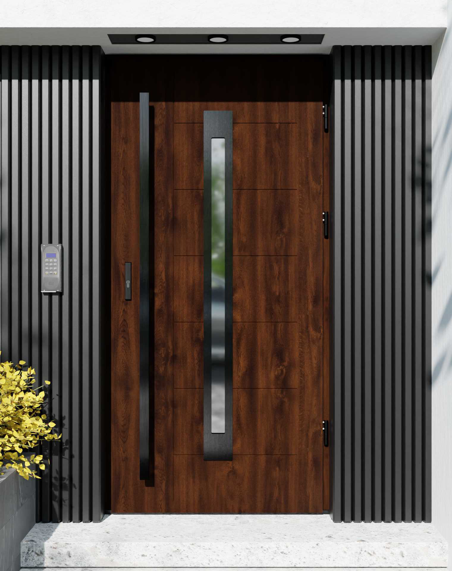 Drzwi zewnętrzne do domu z pochwytem i ościeżnicą drewnianą Libre 11 Noir w systemie Wood extra