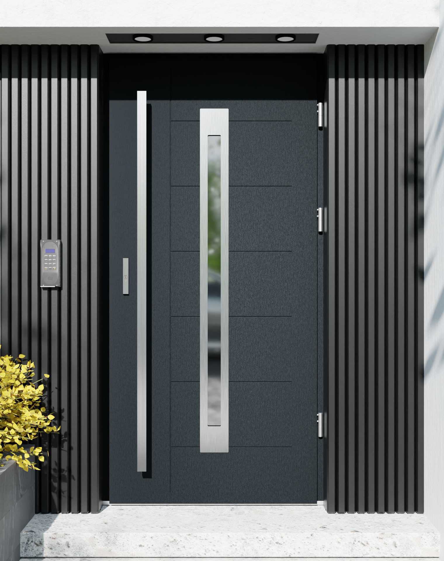 Drzwi zewnętrzne do domu z pochwytem i ościeżnicą drewnianą Libre 11 w systemie Wood extra