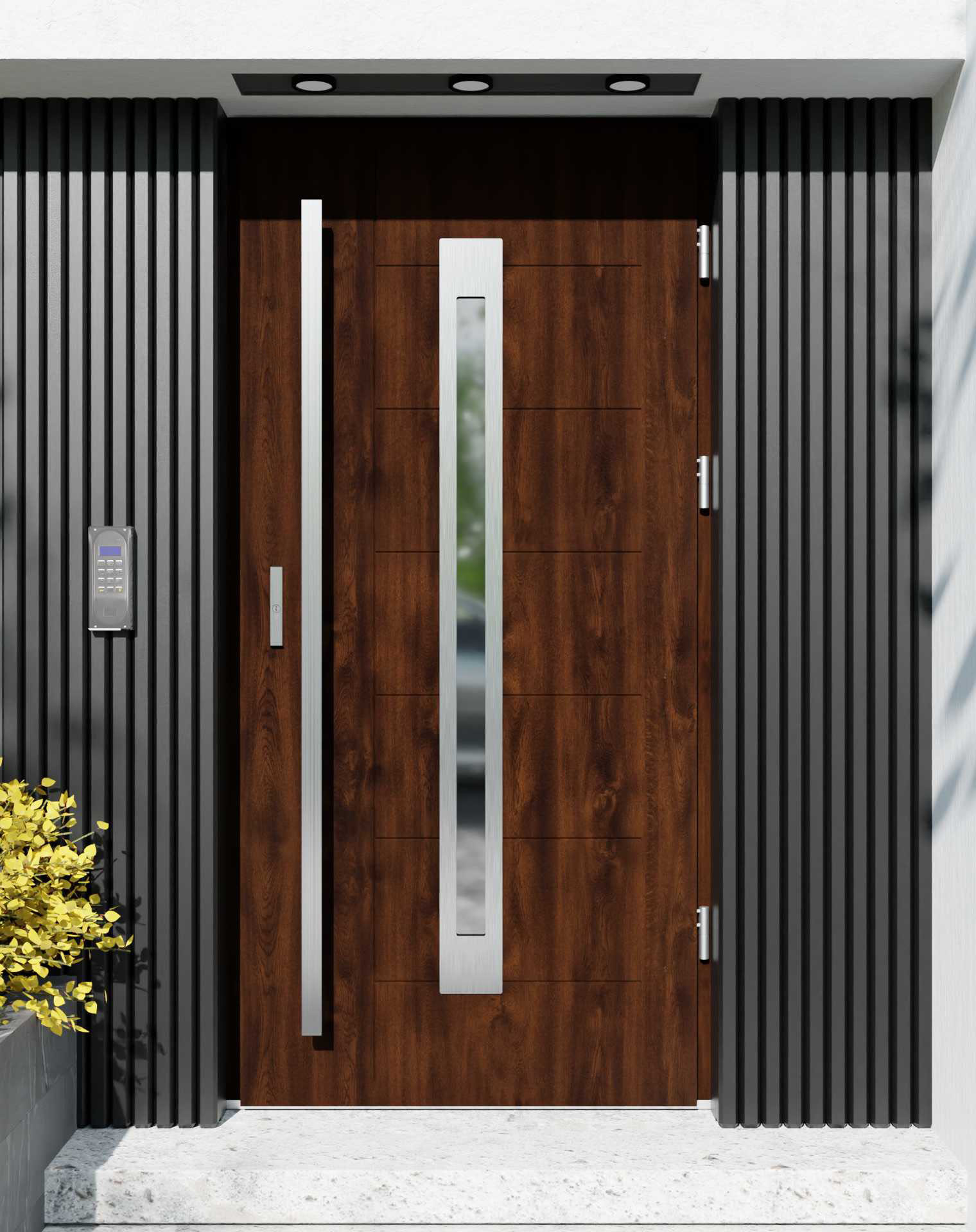 Drzwi zewnętrzne do domu z pochwytem i ościeżnicą drewnianą Libre 11 w systemie Wood extra