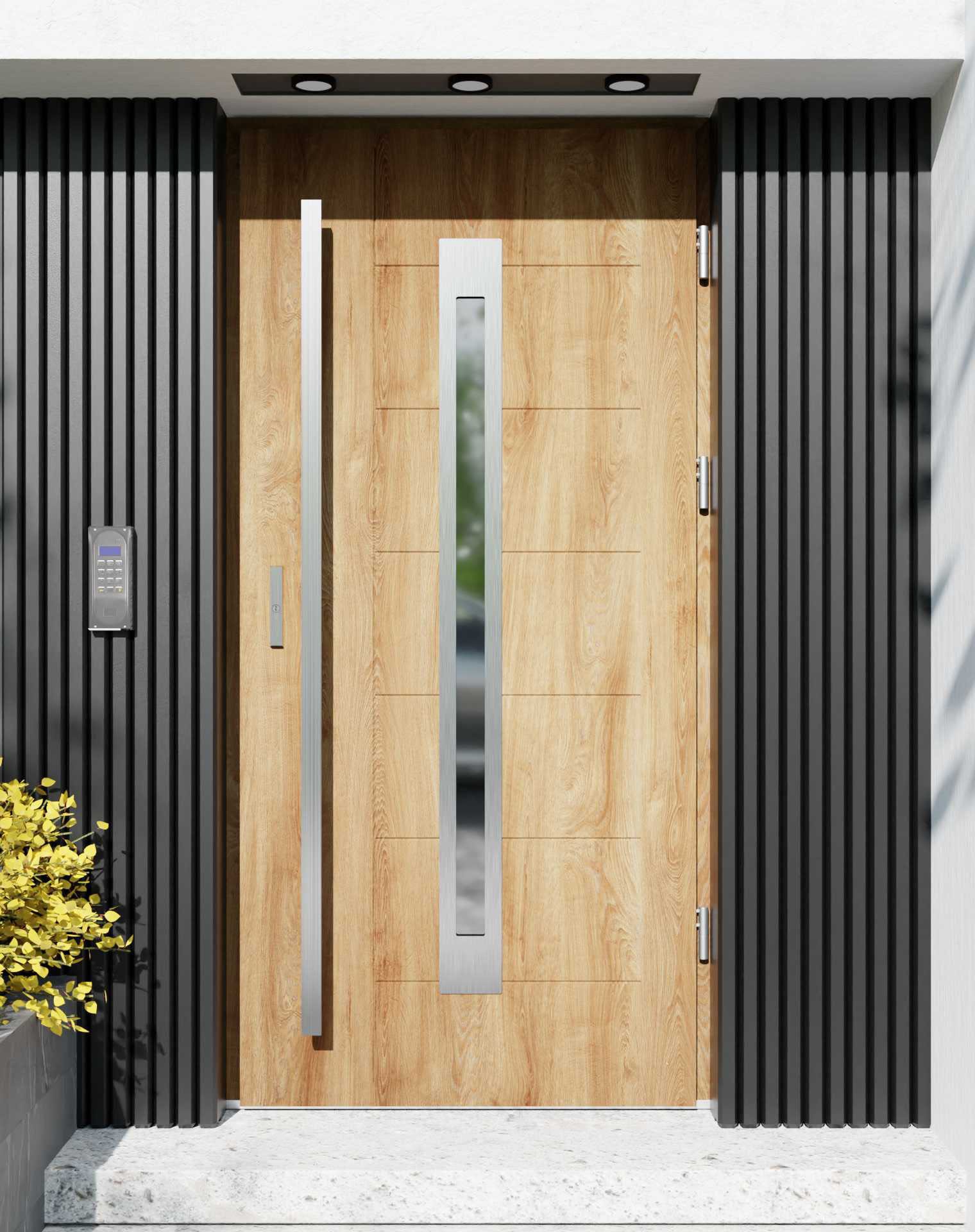 Drzwi zewnętrzne do domu z pochwytem i ościeżnicą drewnianą Libre 11 w systemie Wood extra