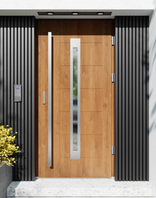 Drzwi zewnętrzne do domu z pochwytem i ościeżnicą drewnianą Libre 11 w systemie Wood extra