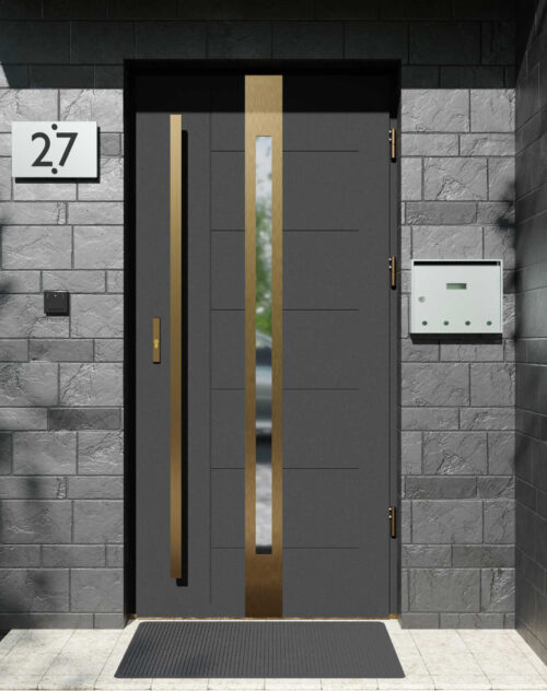 Drzwi zewnętrzne do domu z pochwytem i ościeżnicą drewnianą Libre 12 Gold w systemie Wood extra