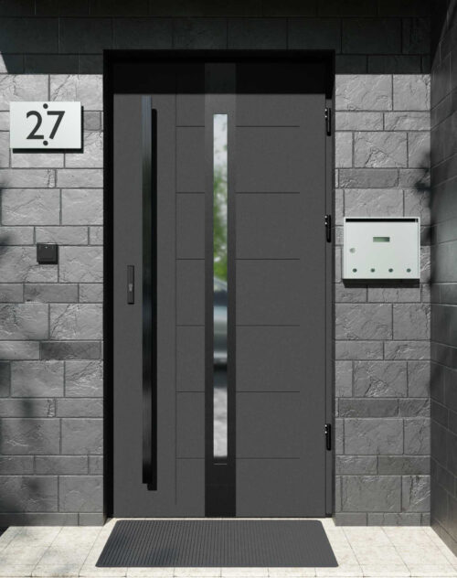 Drzwi zewnętrzne do domu z pochwytem i ościeżnicą drewnianą Libre 12 Noir Matt w systemie Wood extra