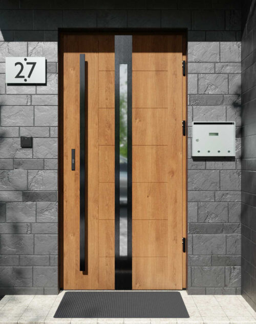 Drzwi zewnętrzne do domu z pochwytem i ościeżnicą drewnianą Libre 12 Noir w systemie Wood extra