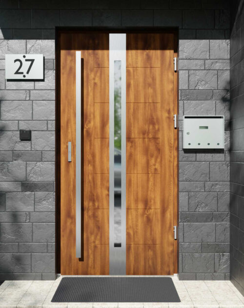 Drzwi zewnętrzne do domu z pochwytem i ościeżnicą drewnianą Libre 12 w systemie Wood extra