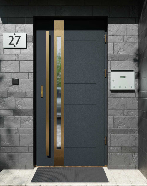 Drzwi zewnętrzne do domu z pochwytem i ościeżnicą aluminiową Libre 12B Gold w systemie Alu extra