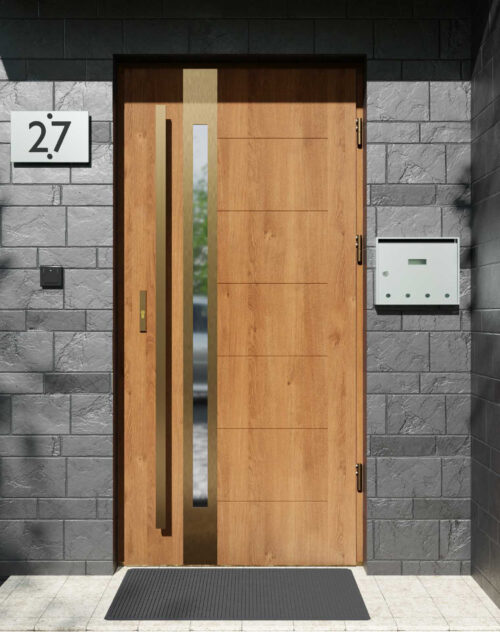 Drzwi zewnętrzne do domu z pochwytem i ościeżnicą drewnianą Libre 12B Gold w systemie Wood extra