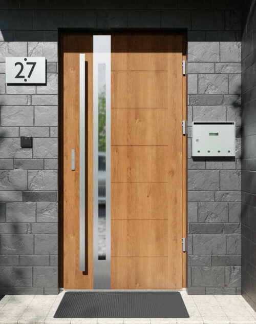 Drzwi zewnętrzne do domu z pochwytem i ościeżnicą drewnianą Libre 12B w systemie Wood extra